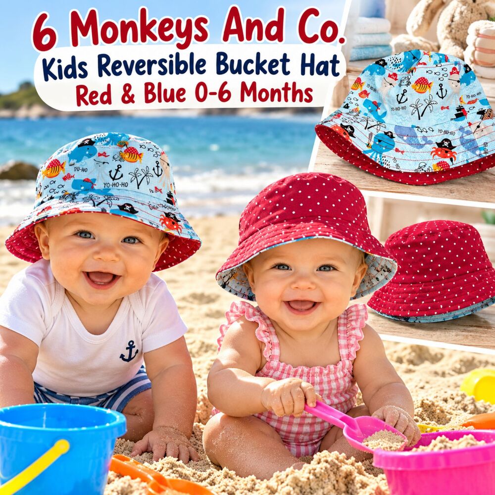6 Monkeys And Co. Kids Reversible Bucket Hat Red & Blue 0-6 Months